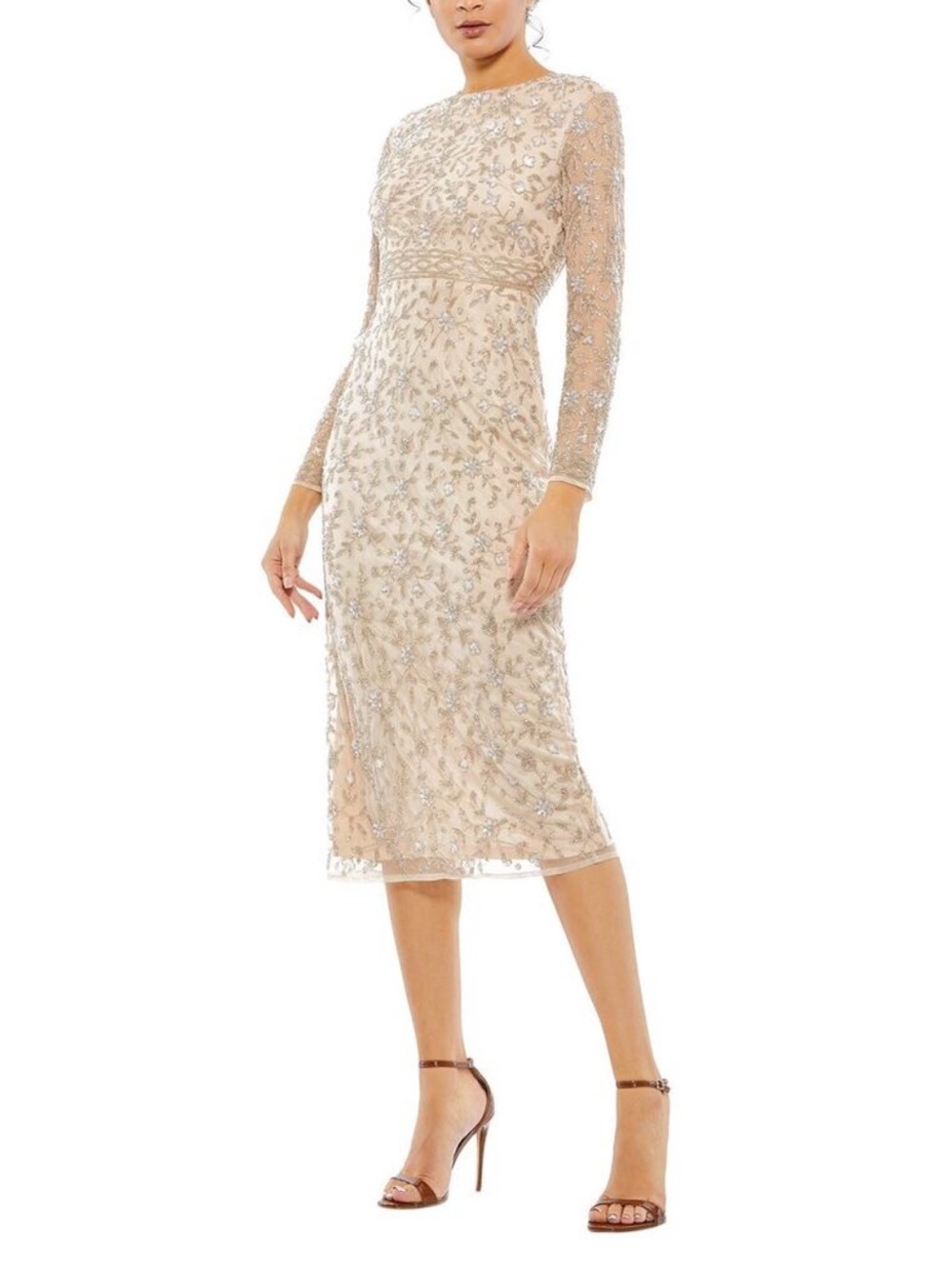 Mac Duggal Nude Embellished Beaded Long Sheer Sleeves Sheath Tea Length Dress